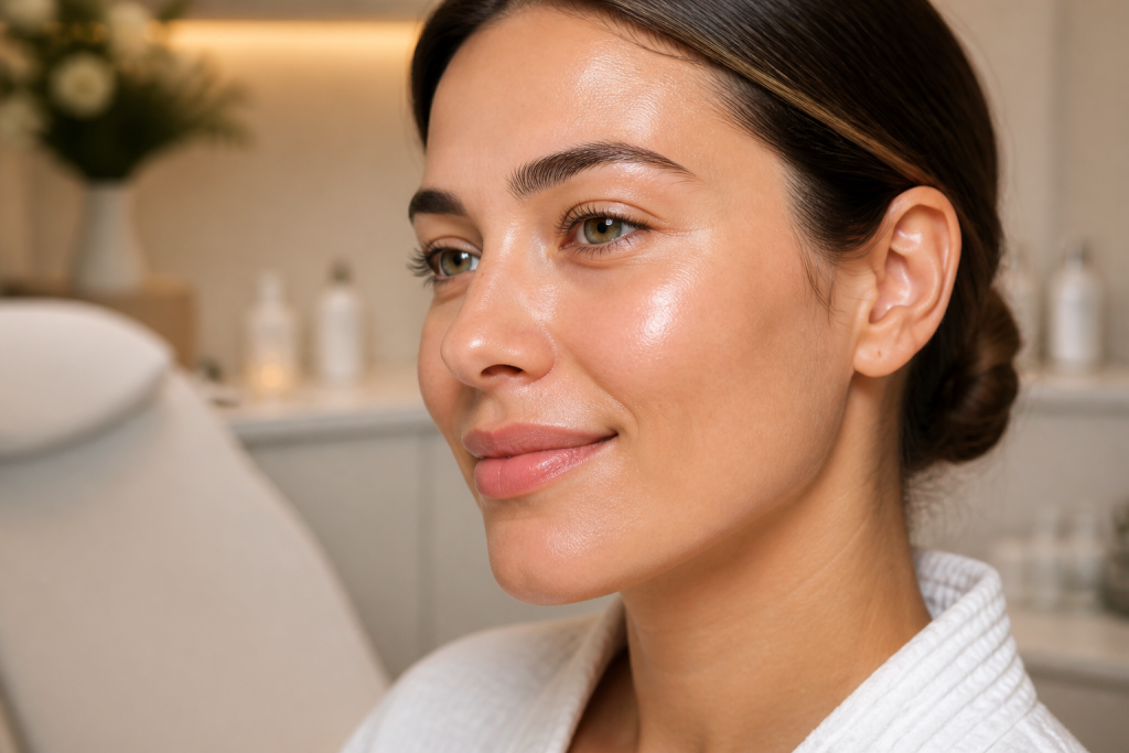 Adult woman with luminous natural skin in an upscale medical spa