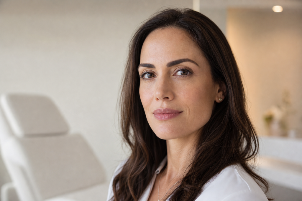 Adult woman with naturally smooth-looking skin in a medical aesthetics clinic